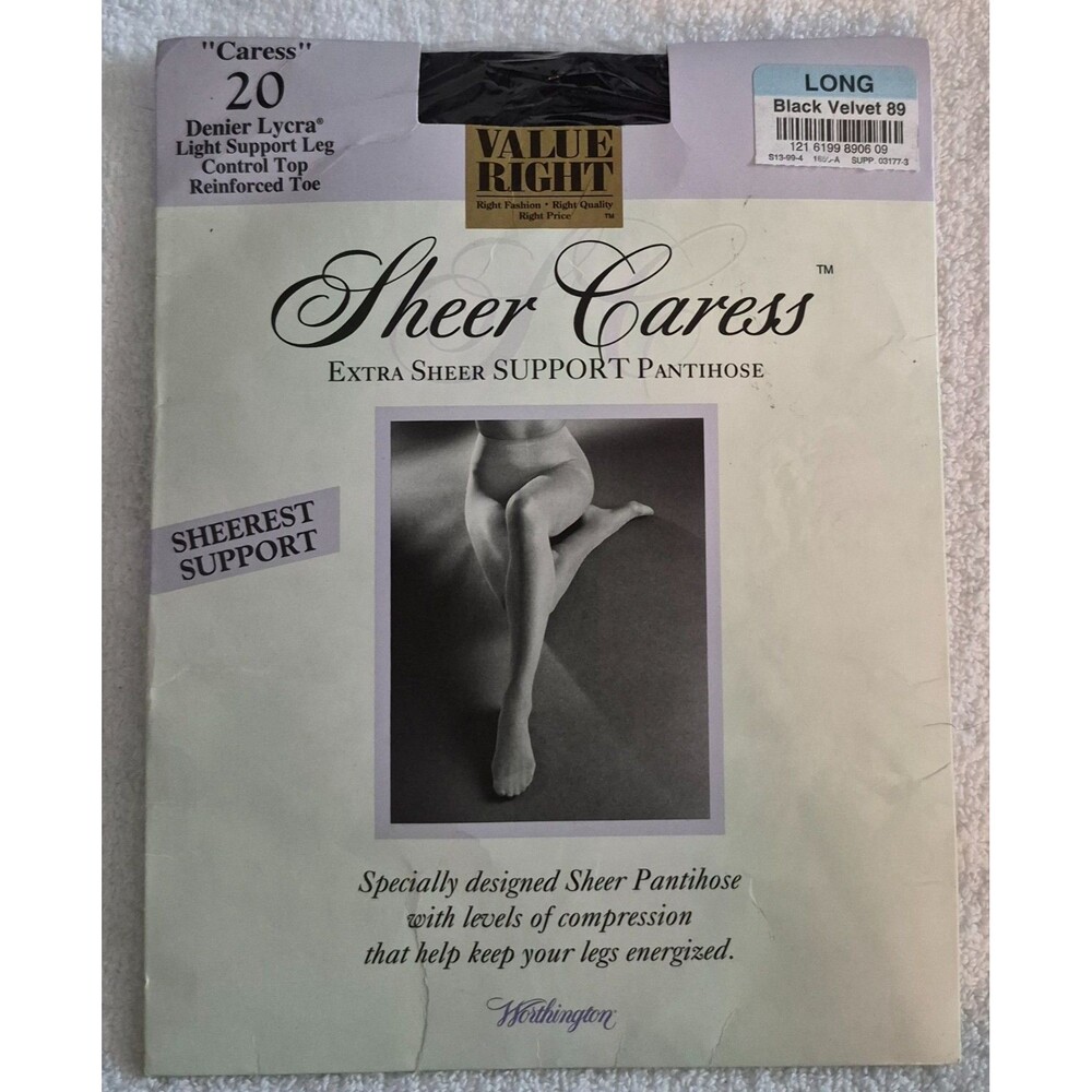 Worthington Sheer Caress Pantyhose Size Long Black Velvet Support Control Top